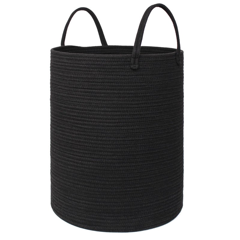Megasket Black Woven Laundry Basket  15""X18"" Tall Basket For Blankets  Wicker Hamper For Bedroom Aesthetic  Decorative Storage Hamper For Clothes  Towel  Rope Storage Bin For Living Room  Bathroom - Image 1
