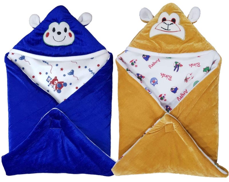 BRANDONN New Born Supersoft and Fluffy All Season Hooded Wrapper/Sleeping Bag/Baby Blanket for Babies Pack of 2 (66 x 66 cm, 0-6 Months) - Image 1