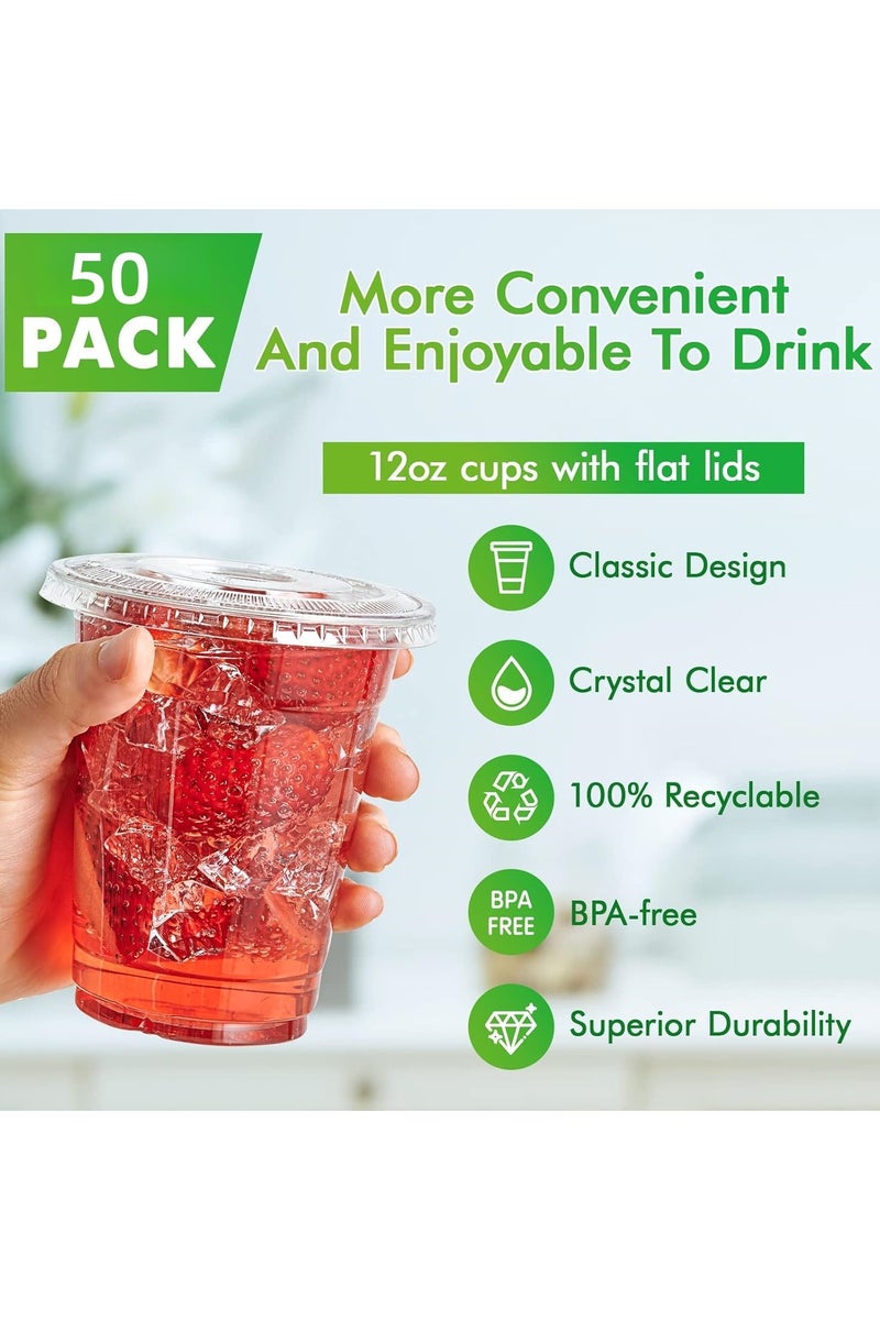 [50 Pack] 12oz Clear Plastic Cups With Flat Lids & Straws - Disposable Clear Drinking Cups For Iced Coffee, Cold Drinks, Milkshakes, and Smoothies  - Image 3