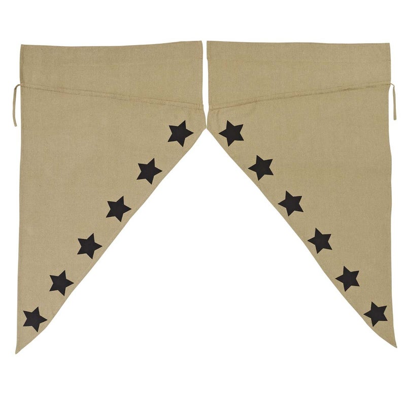 VHC Brands Burlap Natural with Black Stars Primitive 63"x36"x18" Prairie Panel Pair Tan Rod Pocket Stenciled Cotton Drawstring Ties Window Curtains - Image 4