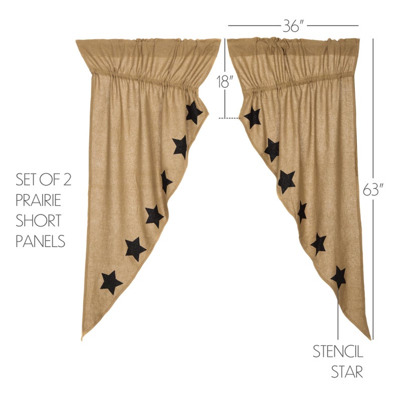 VHC Brands Burlap Natural with Black Stars Primitive 63"x36"x18" Prairie Panel Pair Tan Rod Pocket Stenciled Cotton Drawstring Ties Window Curtains - Image 2