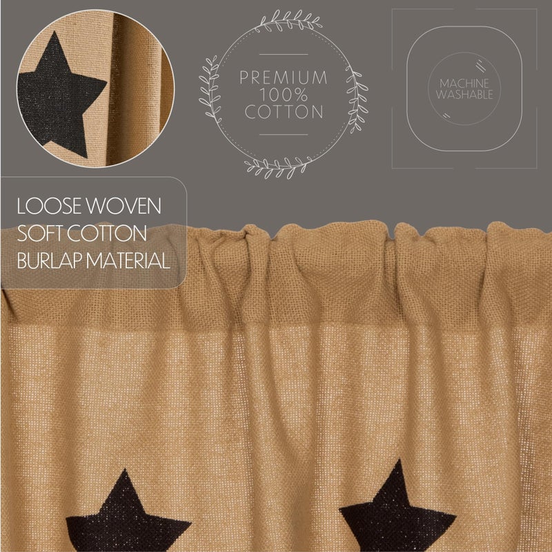 VHC Brands Burlap Natural with Black Stars Primitive 63"x36"x18" Prairie Panel Pair Tan Rod Pocket Stenciled Cotton Drawstring Ties Window Curtains - Image 5