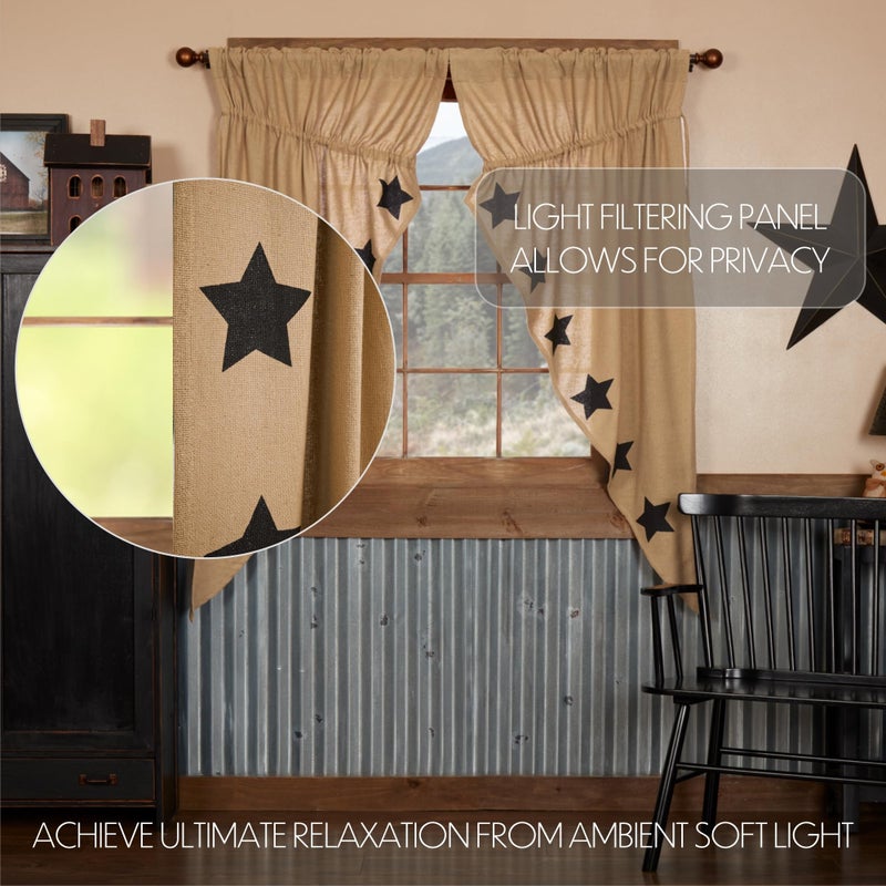 VHC Brands Burlap Natural with Black Stars Primitive 63"x36"x18" Prairie Panel Pair Tan Rod Pocket Stenciled Cotton Drawstring Ties Window Curtains - Image 3