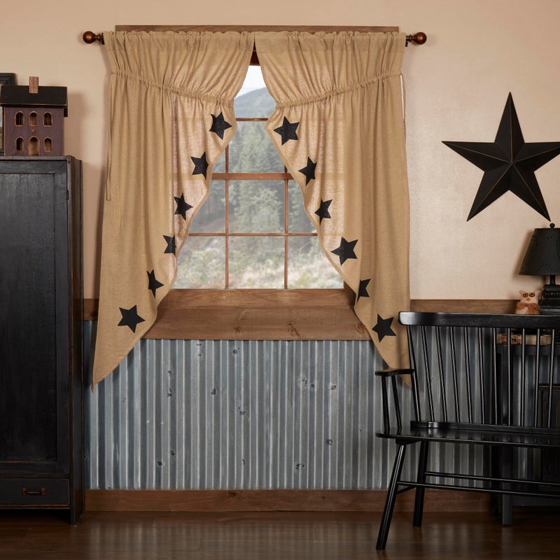 VHC Brands Burlap Natural with Black Stars Primitive 63"x36"x18" Prairie Panel Pair Tan Rod Pocket Stenciled Cotton Drawstring Ties Window Curtains - Image 1