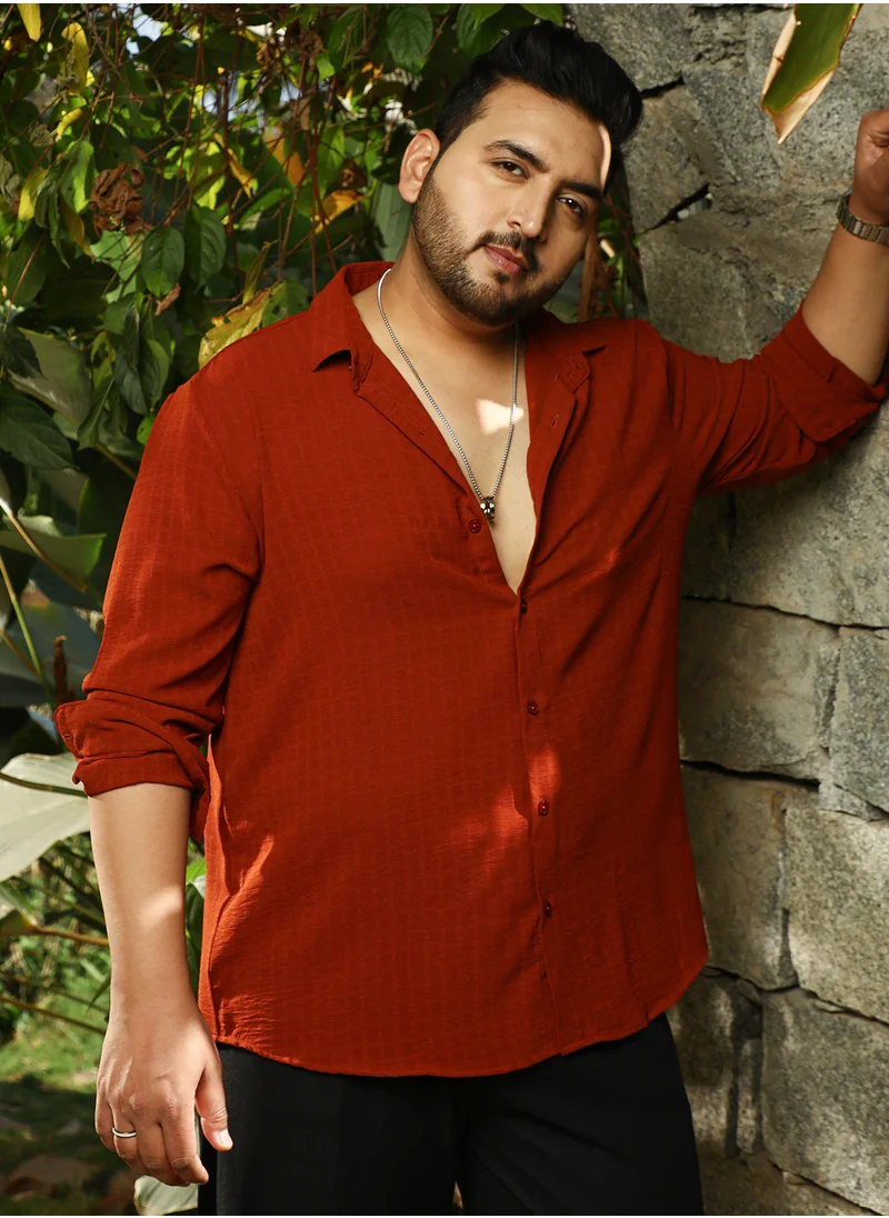 Instafab Plus Instafab Plus Men's Burnt Sienna Cubic-Woven Regular Shirt For Casual Wear | Spread Collar | Long Cuffed Sleeves | Button Closure | Plus Size Shirt Crafted With Comfort Fit For Everyday Wear