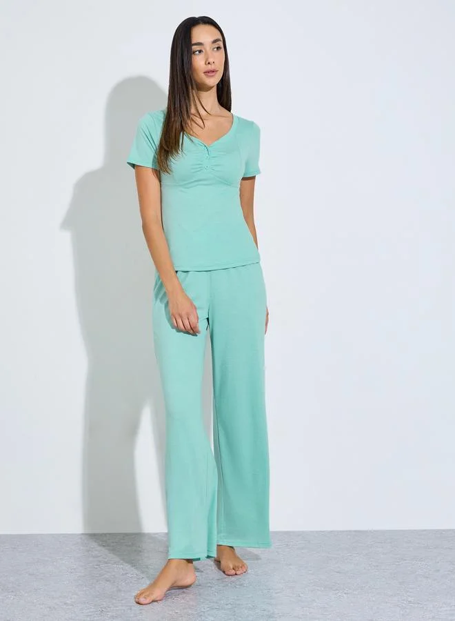 Styli Green Ruched Button Placket Detail T-Shirt and Pyjama Set