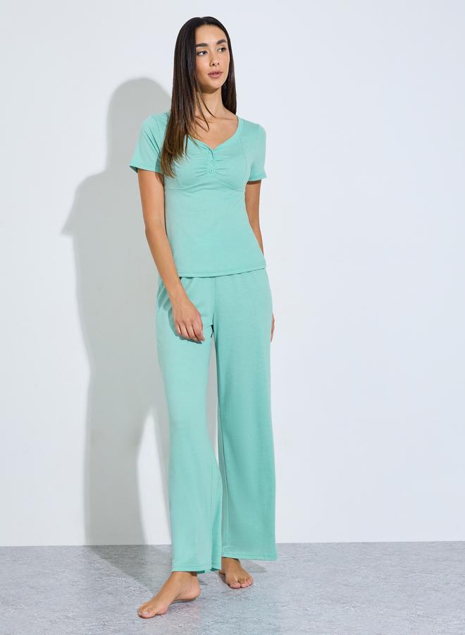 Styli Green Ruched Button Placket Detail T-Shirt and Pyjama Set - Image 1