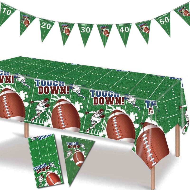 MONNCHA Football Party Decorations Table Cloth Favors Set, Football Field Tablecloth Rugby Game Rectangle Tablecloth Cover and Football Banner Flag for Football Themed Supplies Gift Celebration Decor - Image 1