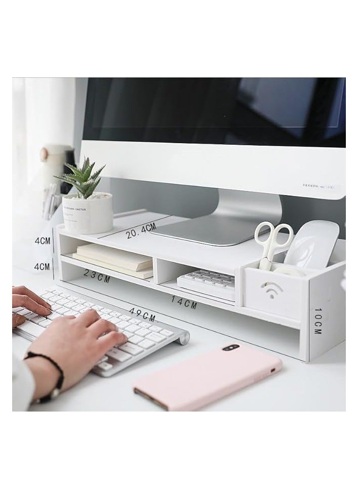 erorex 2-Tier White Wood Monitor Stand with Storage 49cm, Cellphone Holder & Cable Hole, Desktop Shelf Computer PC Stand Monitor Stand Organizer Riser Office Home - Image 2