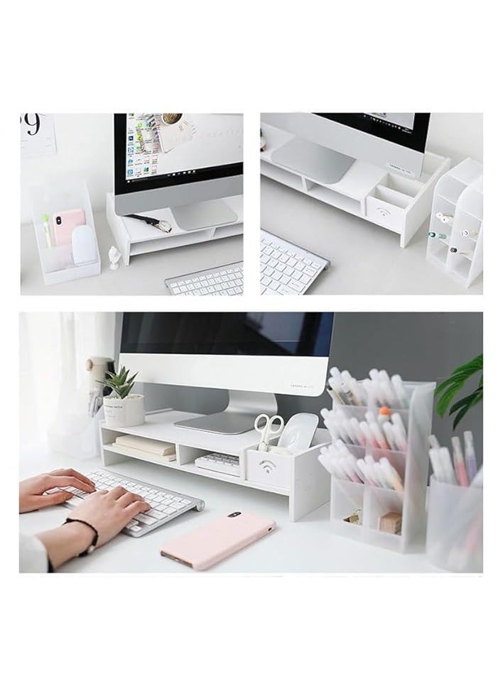 erorex 2-Tier White Wood Monitor Stand with Storage 49cm, Cellphone Holder & Cable Hole, Desktop Shelf Computer PC Stand Monitor Stand Organizer Riser Office Home - Image 5