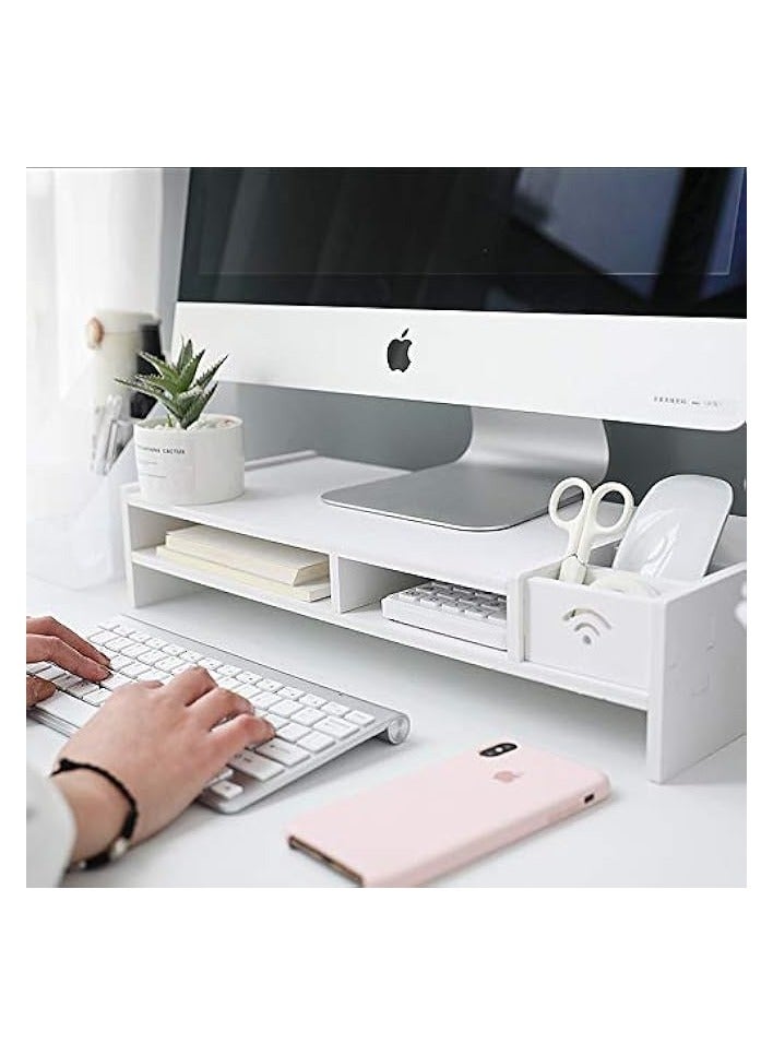 erorex 2-Tier White Wood Monitor Stand with Storage 49cm, Cellphone Holder & Cable Hole, Desktop Shelf Computer PC Stand Monitor Stand Organizer Riser Office Home - Image 1