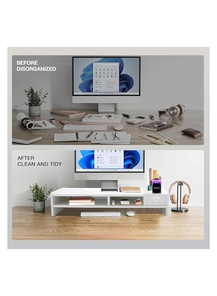 erorex 2-Tier White Wood Monitor Stand with Storage 49cm, Cellphone Holder & Cable Hole, Desktop Shelf Computer PC Stand Monitor Stand Organizer Riser Office Home - Image 4