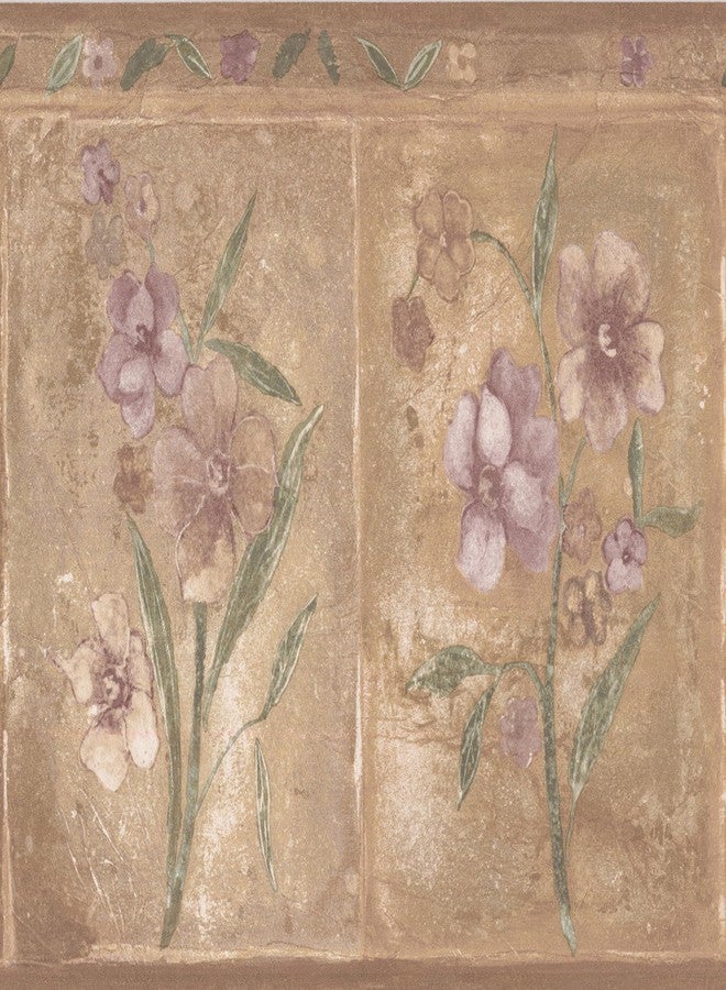 Norwall Purple Beige Flowers Brown Wallpaper Border Rectangular Geometric Design, Roll 15' x 8'' - Image 1