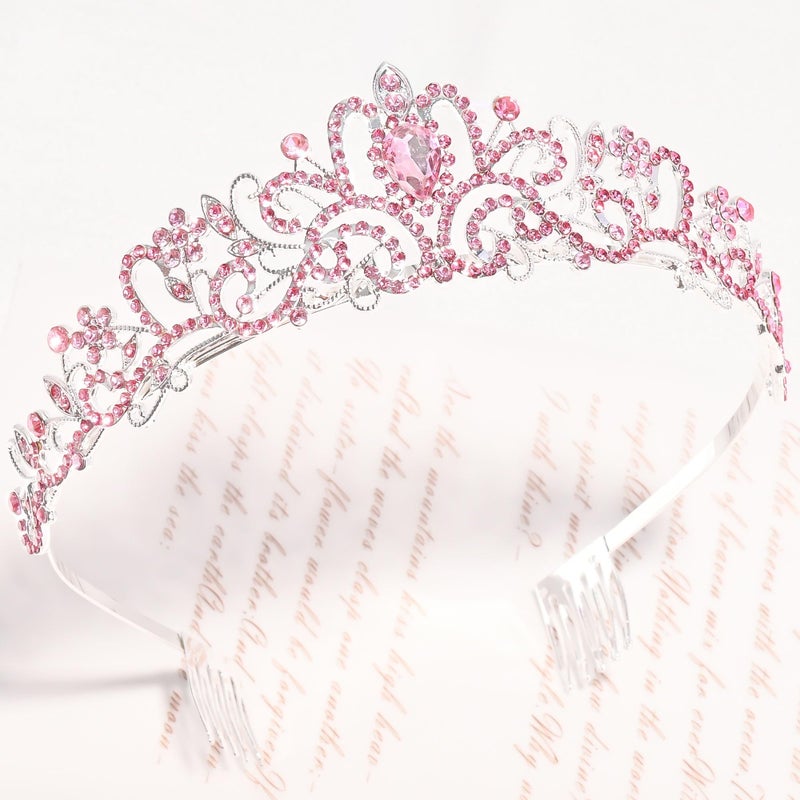 TAROSE Pink and Silver Crowns for Women, Queen Crystal Tiaras with Pink Rhinestone and Combs, Goddess Crown for Wedding Bride Birthday Princess Bridal Shower Hair Accessories for Women - Image 3