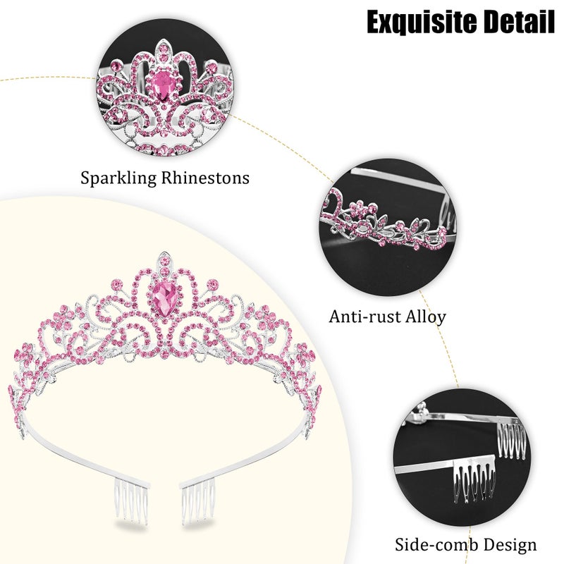 TAROSE Pink and Silver Crowns for Women, Queen Crystal Tiaras with Pink Rhinestone and Combs, Goddess Crown for Wedding Bride Birthday Princess Bridal Shower Hair Accessories for Women - Image 4