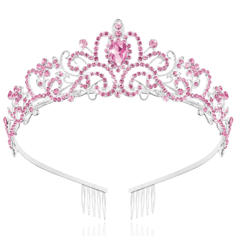 TAROSE Pink and Silver Crowns for Women, Queen Crystal Tiaras with Pink Rhinestone and Combs, Goddess Crown for Wedding Bride Birthday Princess Bridal Shower Hair Accessories for Women - Image 1