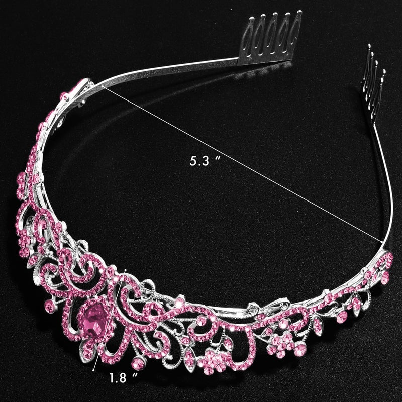 TAROSE Pink and Silver Crowns for Women, Queen Crystal Tiaras with Pink Rhinestone and Combs, Goddess Crown for Wedding Bride Birthday Princess Bridal Shower Hair Accessories for Women - Image 2