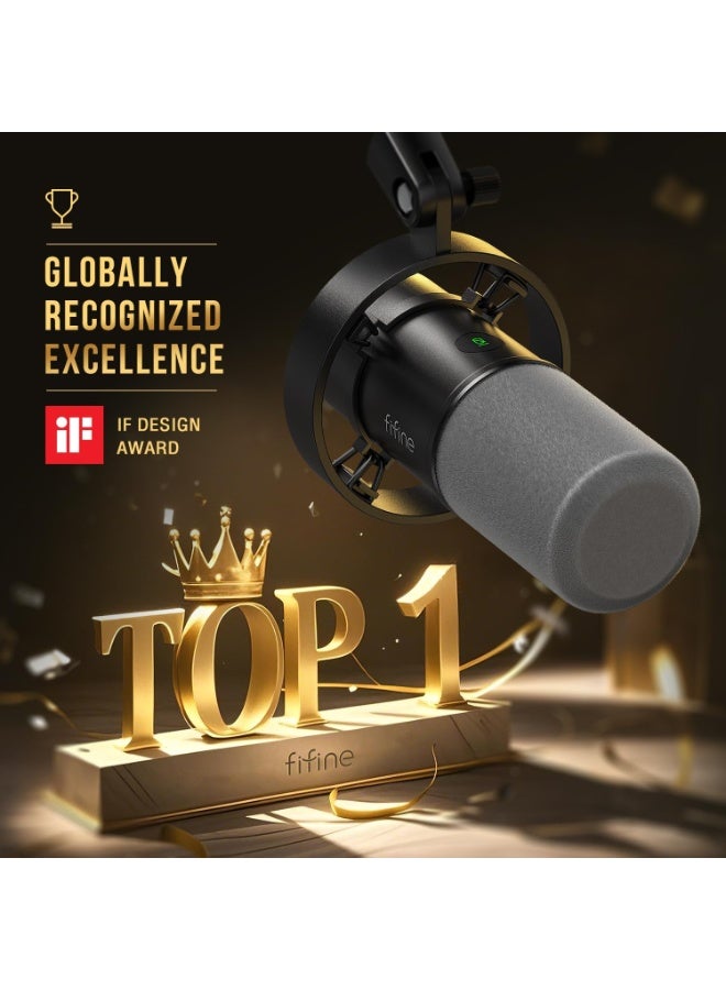 FIFINE K688CT Dynamic Podcast Microphone XLR/USB Kit with Boom Arm Stand for Vocal Voice-Over Streaming, Studio Metal Mic with Mic Mute, Headphone Jack, Monitoring Volume Control, Windscreen - Image 3