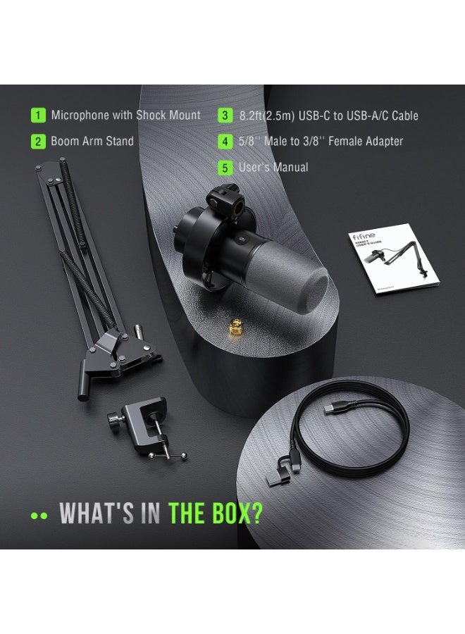FIFINE K688CT Dynamic Podcast Microphone XLR/USB Kit with Boom Arm Stand for Vocal Voice-Over Streaming, Studio Metal Mic with Mic Mute, Headphone Jack, Monitoring Volume Control, Windscreen - Image 4