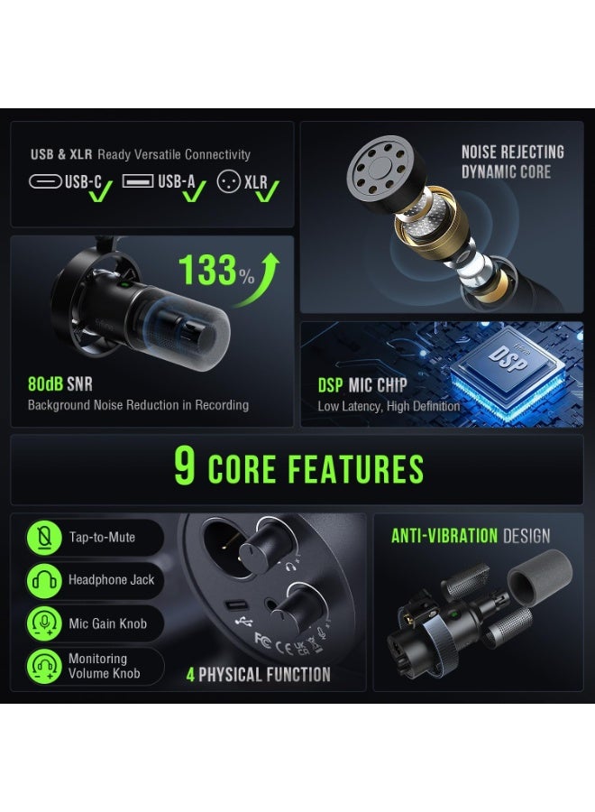 FIFINE K688CT Dynamic Podcast Microphone XLR/USB Kit with Boom Arm Stand for Vocal Voice-Over Streaming, Studio Metal Mic with Mic Mute, Headphone Jack, Monitoring Volume Control, Windscreen - Image 2