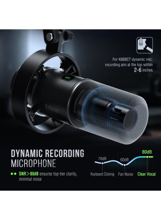 FIFINE K688CT Dynamic Podcast Microphone XLR/USB Kit with Boom Arm Stand for Vocal Voice-Over Streaming, Studio Metal Mic with Mic Mute, Headphone Jack, Monitoring Volume Control, Windscreen - Image 5