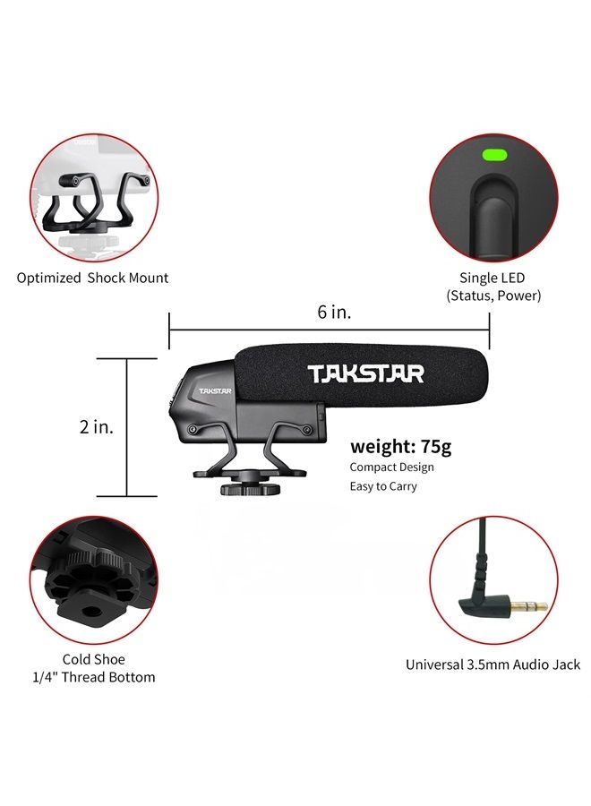 TAKSTAR ميكروفون فيديو SGC-600، ميكروفون صغير، ميكروفون كاميرا احترافي لهواتف آيفون، هواتف أندرويد، كاميرات كانون/نيكون/سوني وكاميرات الفيديو، ميكروفون فيديو مع قاعدة صدمة، واقي رياح، وموصل 3.5 مم - Image 2