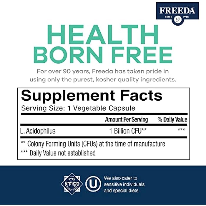 FREEDA Acidophilus Probiotic 1 Billion CFU – Lactobacillus Acidophilus for Women & Men – Gut Health & Digestive Support – Vegan, Kosher, Non-GMO – Shelf-Stable Supplement (100 Capsules) - Image 3