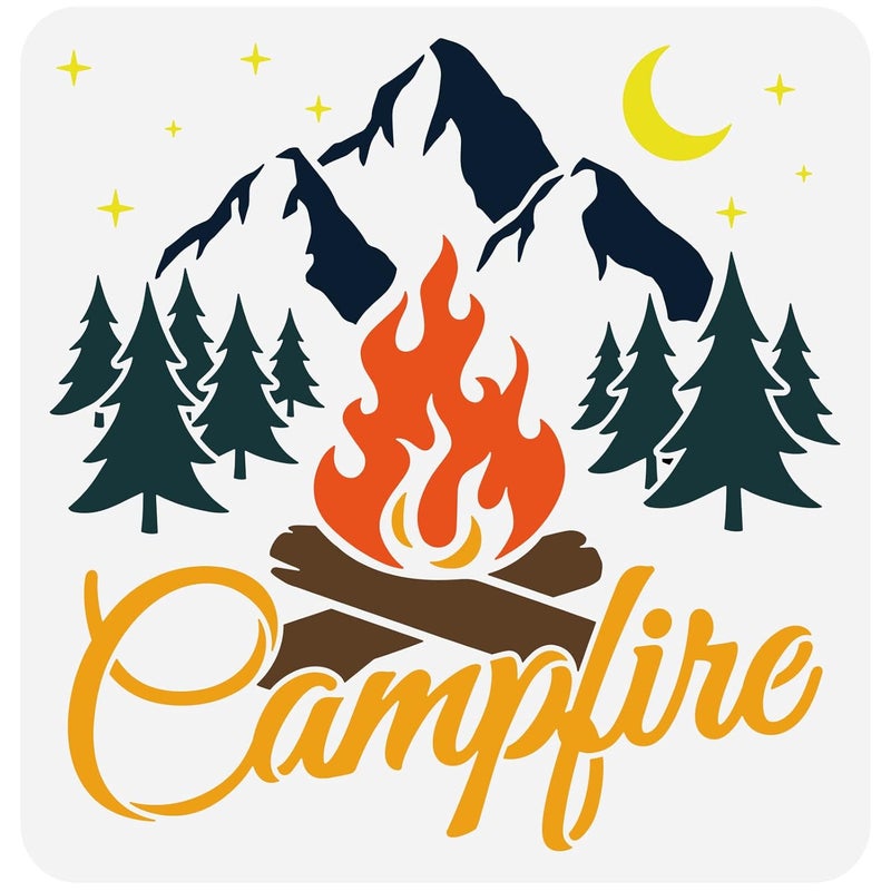 FINGERINSPIRE FINGERINSPIRE Campfire Stencil for Painting 11.8x11.8 inch Hollow Out Mountain Forest Trees Craft Stencil Reusable Plastic Firewood Flame Stencil for T-Shirts, Canvas Bag, DIY Art Crafts Decor  - Image 1