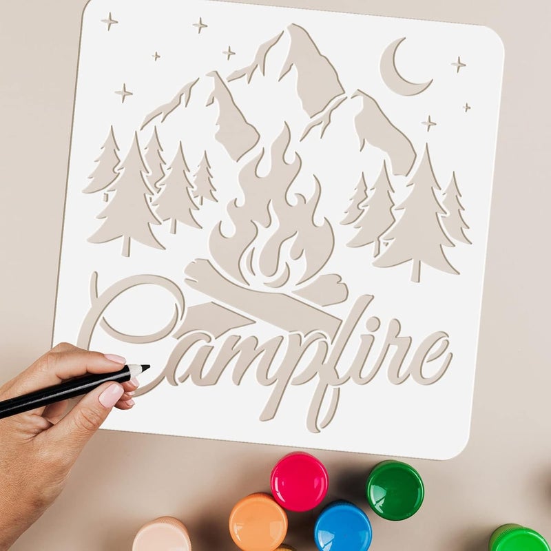 FINGERINSPIRE FINGERINSPIRE Campfire Stencil for Painting 11.8x11.8 inch Hollow Out Mountain Forest Trees Craft Stencil Reusable Plastic Firewood Flame Stencil for T-Shirts, Canvas Bag, DIY Art Crafts Decor  - Image 3