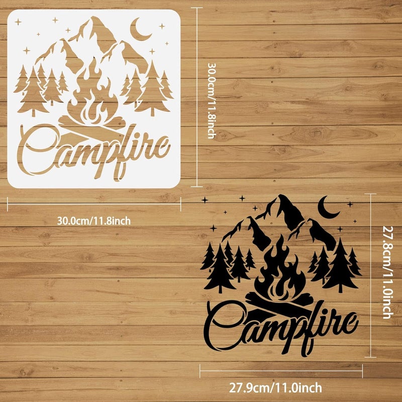 FINGERINSPIRE FINGERINSPIRE Campfire Stencil for Painting 11.8x11.8 inch Hollow Out Mountain Forest Trees Craft Stencil Reusable Plastic Firewood Flame Stencil for T-Shirts, Canvas Bag, DIY Art Crafts Decor  - Image 2