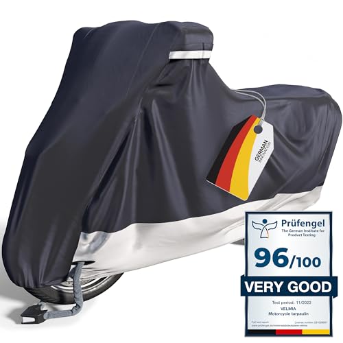 VELMIA Motorcycle Cover Extremely Heat Resistant up to 550 F I High Standard Motorcycle Cover Waterproof Outdoor for All Seasons, Motorcycle Storage, Scooter Cover, Moped Cover, Harley Cover - Image 1