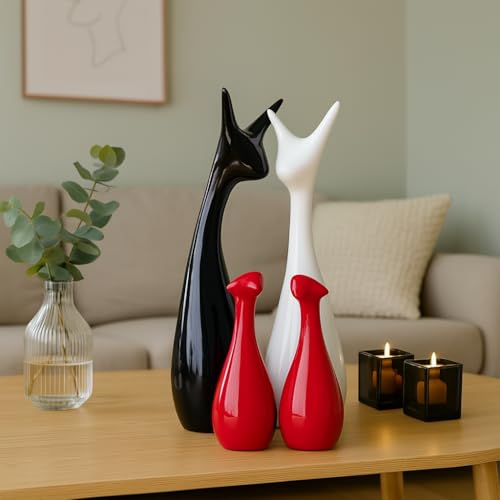 SRJANA Home Decor Lucky Deer Family Statue Piano Finish Ceramic Figures - (Set of 4, Red Black, White) - Image 1