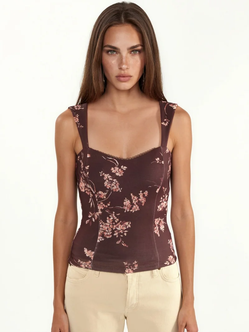Hiccup Mocha Brown Heart Neck Floral Blouse for Women | Best Price UAE