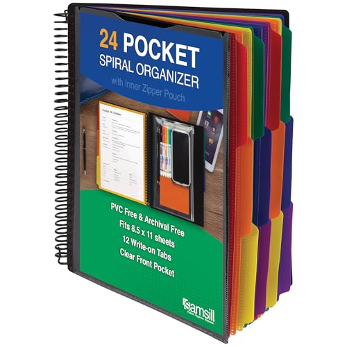 Samsill Deluxe 24 Pocket Spiral Project Organizer with Inner Zipper Pouch, Customizable Front Cover, 12 Dividers with Erasable Write-On Tabs in Assorted Colors, Plastic Folders with Pockets - Image 1
