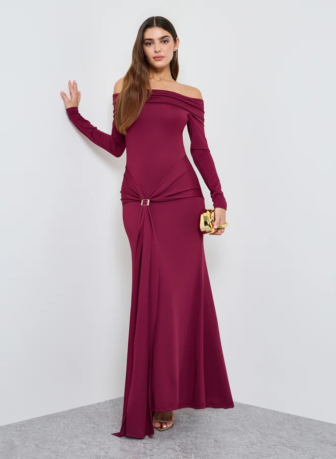 تايك تو Burgundy Off Shoulder Evening Maxi Dress