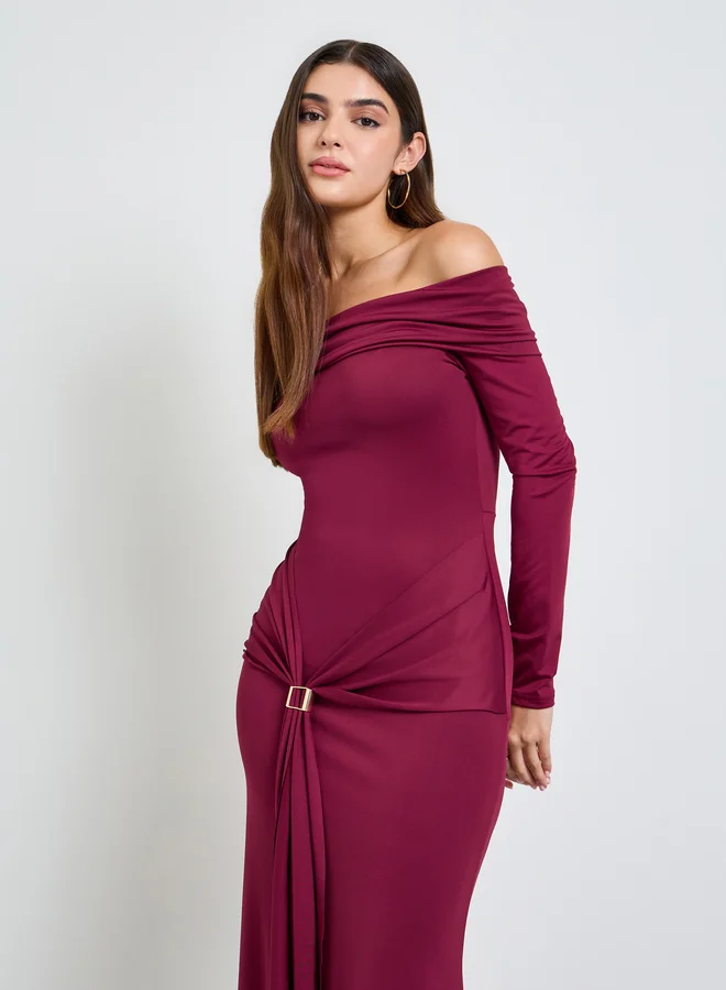 تايك تو Burgundy Off Shoulder Evening Maxi Dress