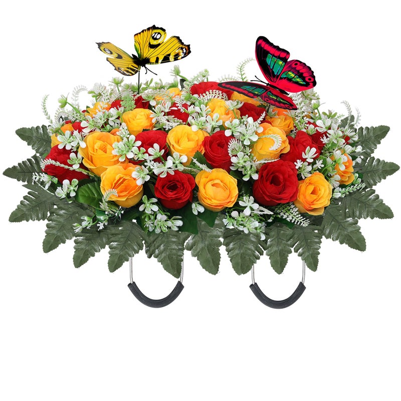 Lodou Artificial Cemetery Flowers for Grave,Large Headstone Flower Saddle Realistic Grave Flowers Memorial Silk Rose Flowers with Butterflies for Headstone Grave Decoration Non-Fading Easy Fit (Red Yellow) - Image 1