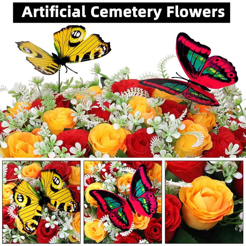 Lodou Artificial Cemetery Flowers for Grave,Large Headstone Flower Saddle Realistic Grave Flowers Memorial Silk Rose Flowers with Butterflies for Headstone Grave Decoration Non-Fading Easy Fit (Red Yellow) - Image 4