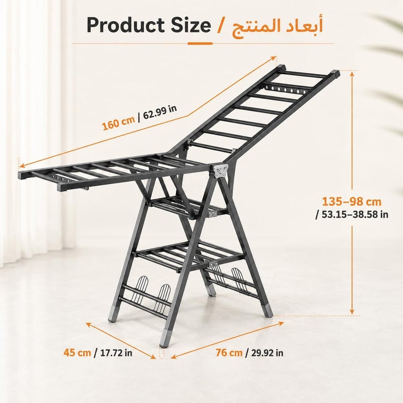 Pomefar Carbon Steel Clothes Drying Rack, 3-Tier Clothes Drying Stand, Foldable Laundry Standing Dry Racks for Indoor Outdoor Use (160cm) - Image 2