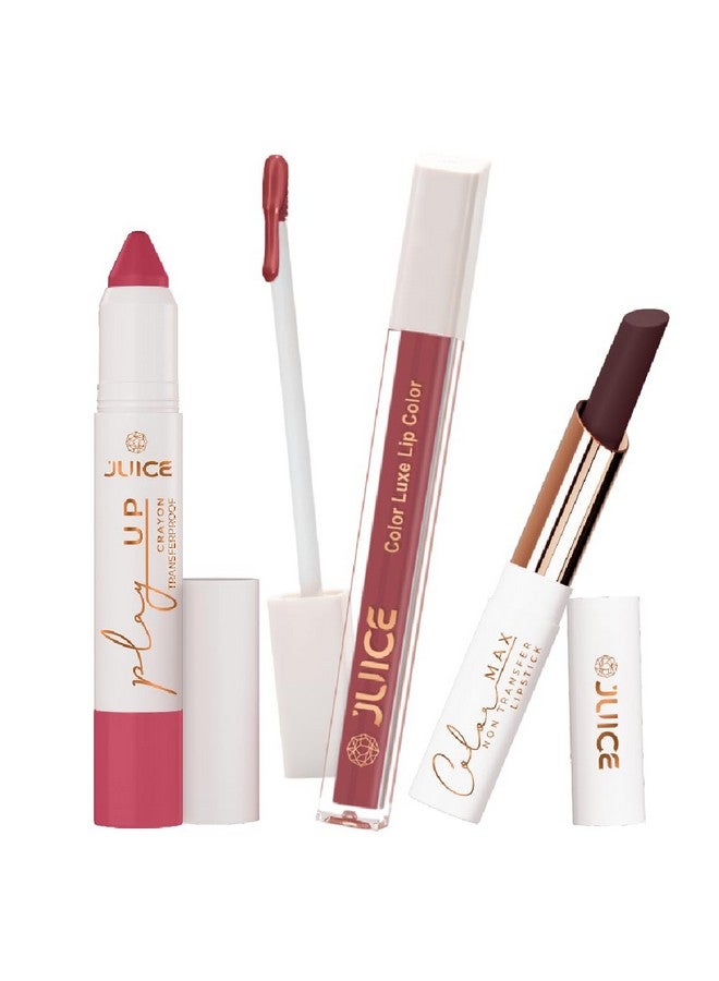 Juice Long Lasting, 3pc Lipstick Combo Set For Women(Coral Charm-MCR06 Lip Crayon, Dark Purple-M16 Liquid Lipstick, Burgundy Babe-M04 Slim Stick) - Image 1