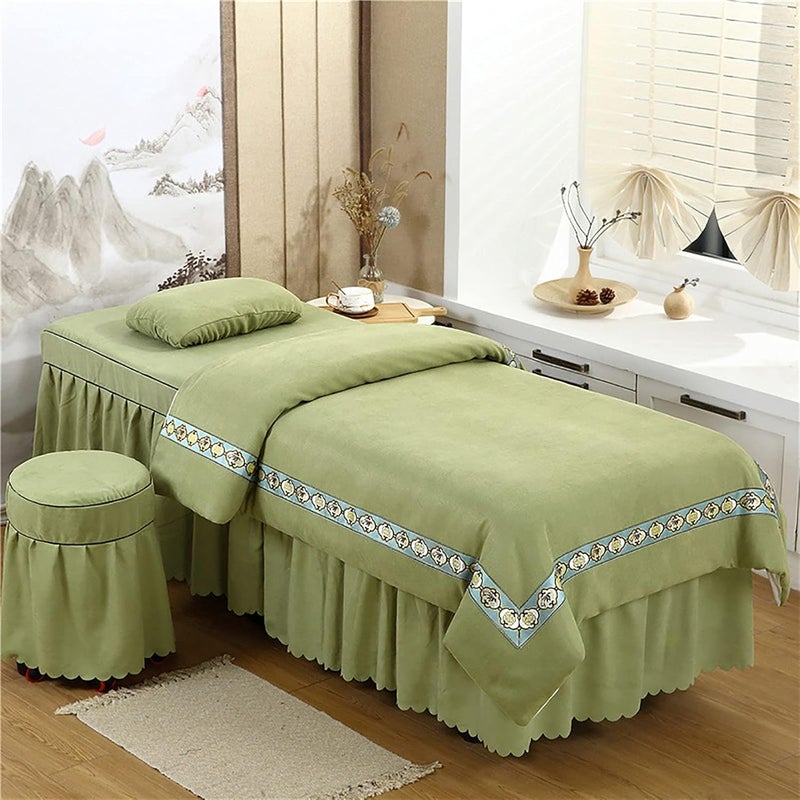 KKLT 4-Piece Suede Massage Table Sheet Set,Premium Solid Color Beauty Bedspreads Salon Bed Cover for Body Massage-Green 185x70cm(73x28inch) - Image 1