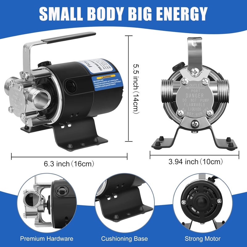 FLOWPAC Water Pump 115V 1/10 HP 330 GPH Water Transfer Pump With 3/4 inch Ports Suction Hose And Spare Impeller Electric Water Pump Utility Pump-Black - Image 3