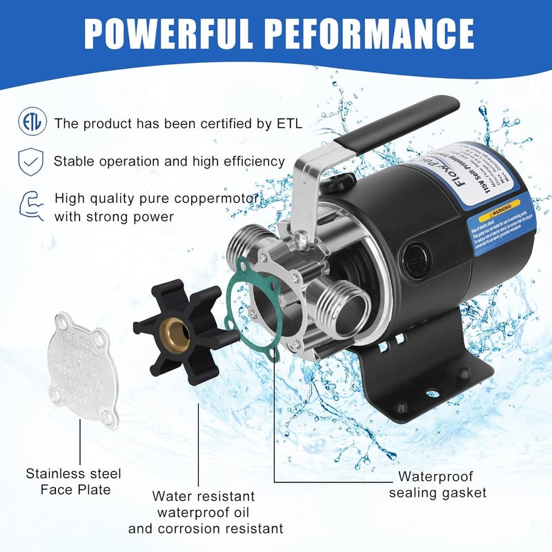 FLOWPAC Water Pump 115V 1/10 HP 330 GPH Water Transfer Pump With 3/4 inch Ports Suction Hose And Spare Impeller Electric Water Pump Utility Pump-Black - Image 4