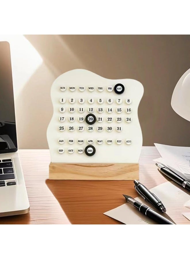 Bukela Perpetual Block Calendar with Date Marker, 6.69 Inch Wooden Black and White Desktop Calendar for Desk Home Room Office Decor (White) - Image 1