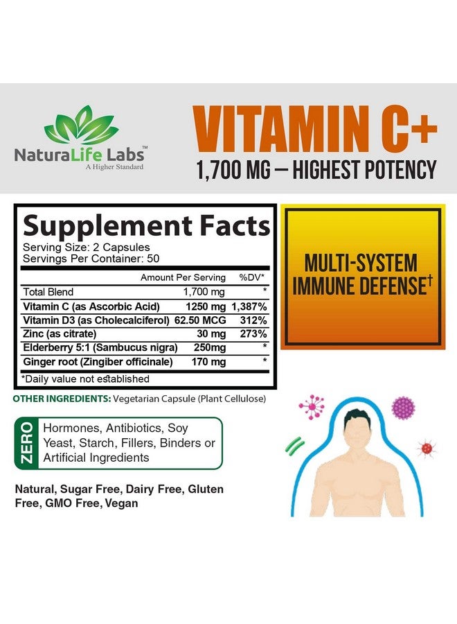 NaturaLife Labs Vitamin C 1700 Mg With Vitamin D3 Zinc Elderberry Ginger Root Maximum Strength Multi System Immune Support 100 Veggie Capsules - Image 3
