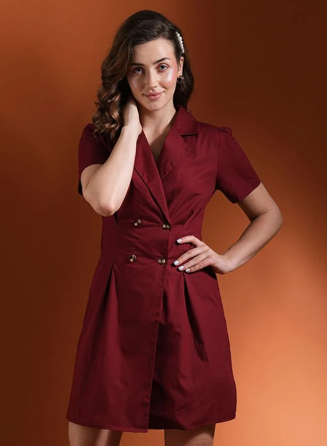 Maroon Notched Lapel Double Breasted Mini Dress