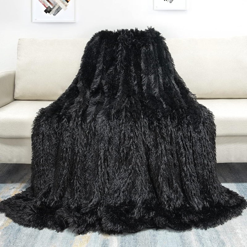 Tuddrom Decorative Extra Soft Faux Fur Blanket Queen Size 80" x 90",Solid Reversible Fuzzy Fluffy Cozy Plush Fleece Comfy Microfiber Fur Blanket for Couch Sofa Bed,Black - Image 2