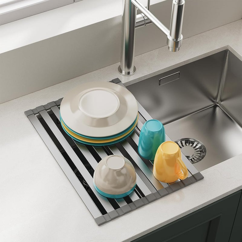 COOL-ANGLE Rectangle Foldable Dish Drying Rack, Non-Slip Silicone Base, Over The Sink Aluminum Dish Drainer Rack for Kitchen Sink, Ideal for Drying Mat Easy to Store,17.7 x 13.4inch Matte Gray - Image 1