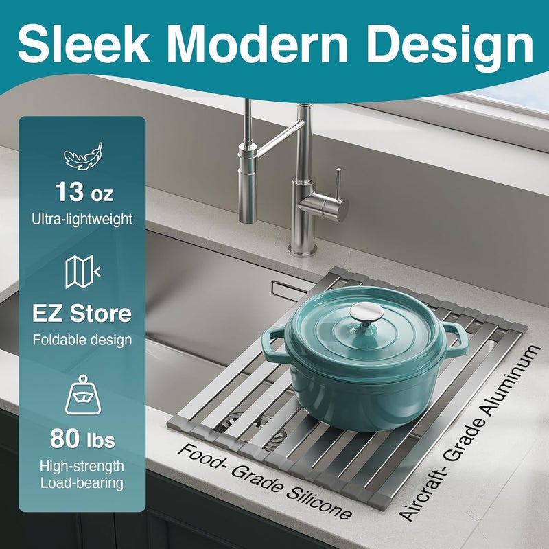 COOL-ANGLE Rectangle Foldable Dish Drying Rack, Non-Slip Silicone Base, Over The Sink Aluminum Dish Drainer Rack for Kitchen Sink, Ideal for Drying Mat Easy to Store,17.7 x 13.4inch Matte Gray - Image 3