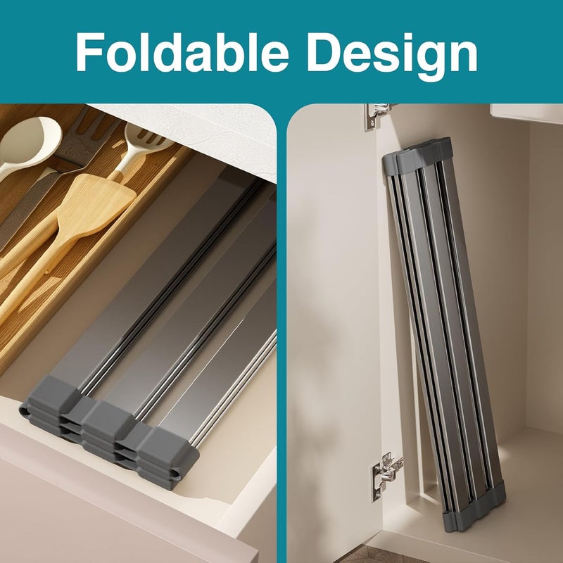 COOL-ANGLE Rectangle Foldable Dish Drying Rack, Non-Slip Silicone Base, Over The Sink Aluminum Dish Drainer Rack for Kitchen Sink, Ideal for Drying Mat Easy to Store,17.7 x 13.4inch Matte Gray - Image 5
